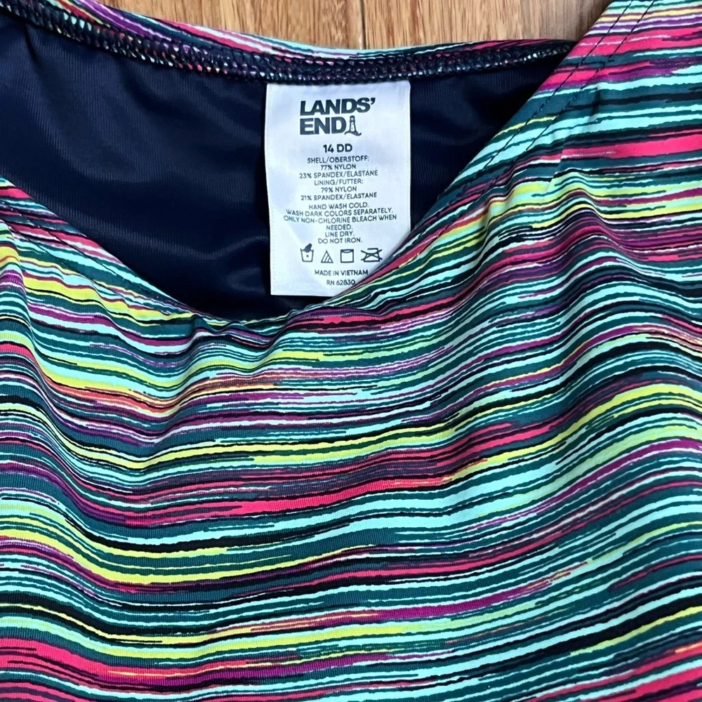 Lands End Tankini Top Women 14DD Blue Turquoise Yellow Stripe Swim Pad Shelf Bra